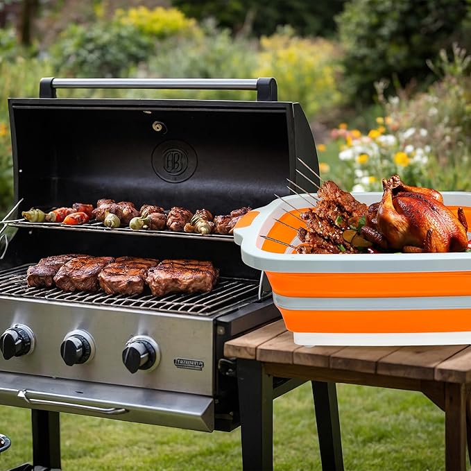 Collapsible BBQ Prep Tubs with Lids, Grill Cutting Board, Camping Sink with Drainage Hole for Meal Prep, Fruit Wash and Food Storage, Marinating Container, 30L Orange Tub 24"