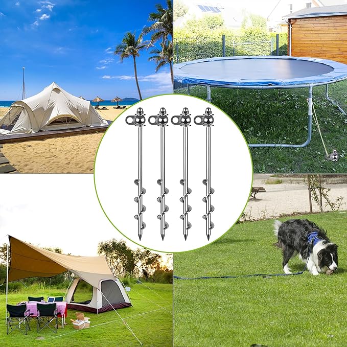 4 Pack Tent Stakes, 16 Inch Heavy Duty Ground Anchors, Full Welding, Easy to Screw in and Reusable