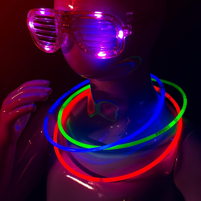 Crown Display Glow Sticks Party Package Includes 100 X 22 Glow in The Dark Necklaces & 100 X 8 Light Up Bracelets Comes in A Variety of Colors & Added Bonus Connectors