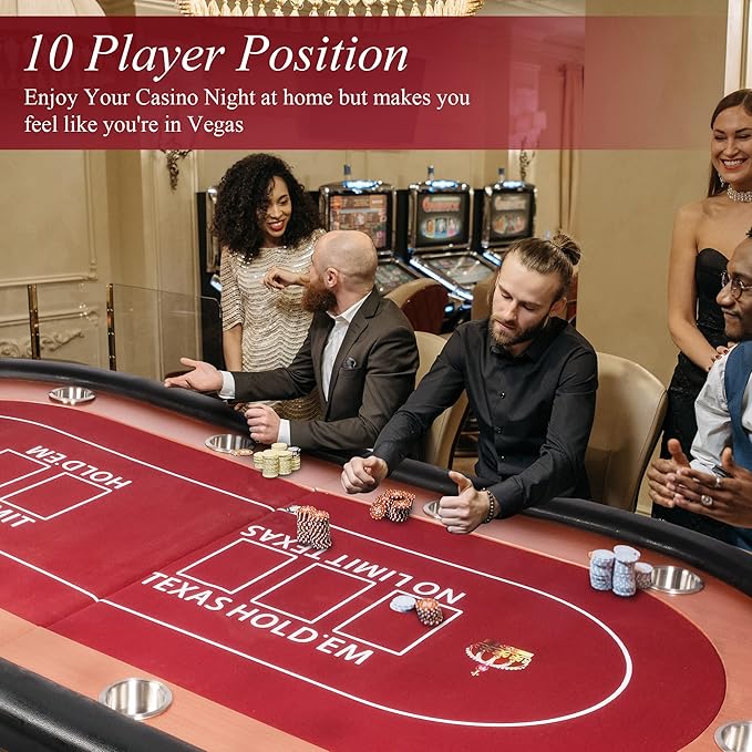 10 Players Oval Poker Table with Padded Rails, Folding Casino-Style Texas Wood Grain Game Poker Tables with Cup Holder, Red Felt Surface, Fully Assemble