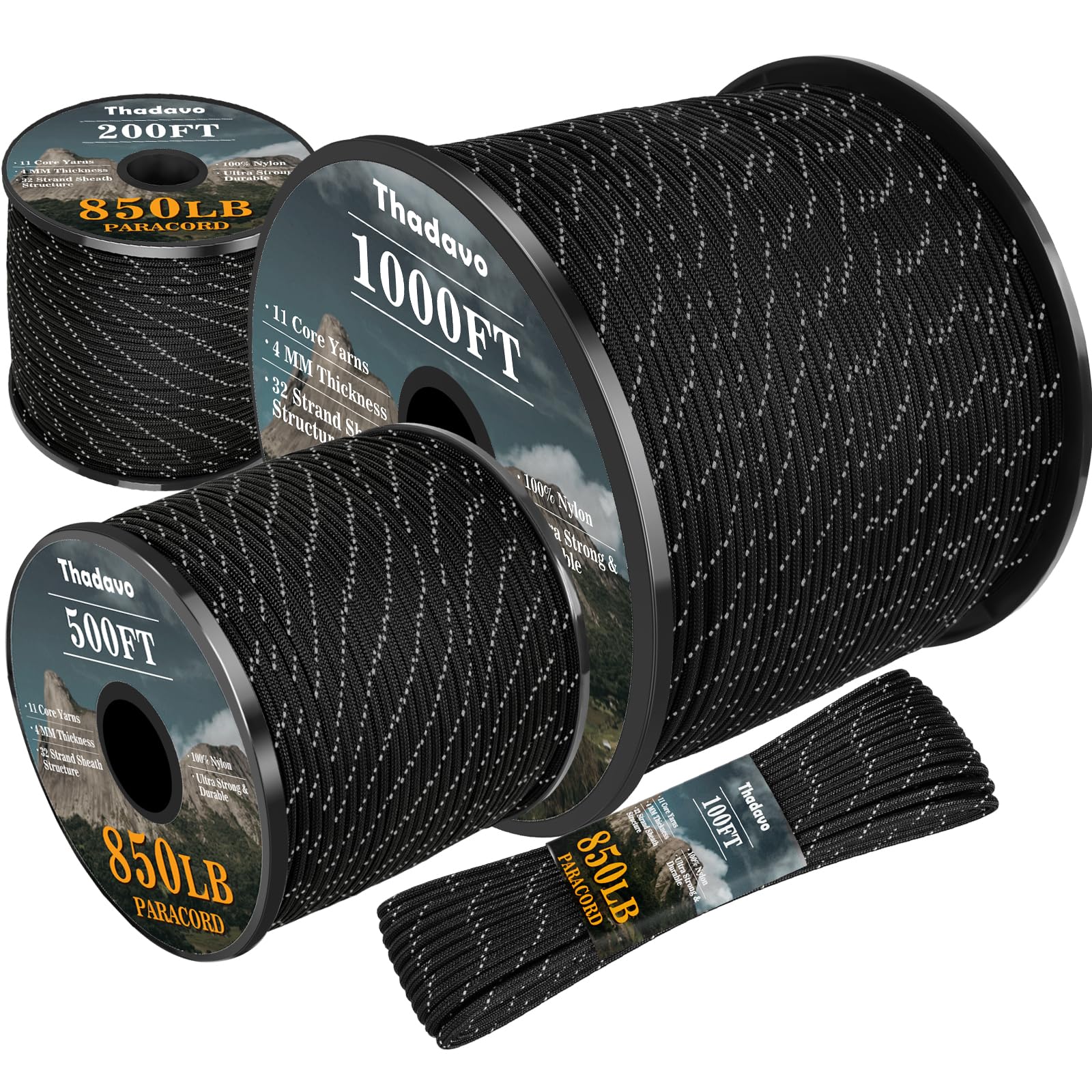 Thadavo Reflective Paracord Rope 850Ib, 50/100/200/500/1000ft 4MM 11 Strand para Cords Lanyard