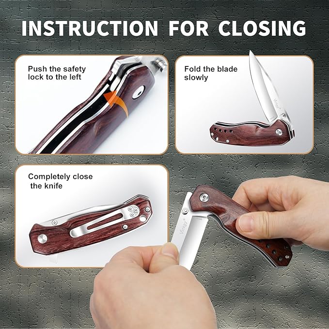 Vickay Pocket Knife for Men, Folding Knife for Women with Clip, 2.9inch 8Cr13MoV Steel Blade, Wood Handle EDC Knife for Camping, Tactical, Hunting, Camping, Hiking and Everyday Carry