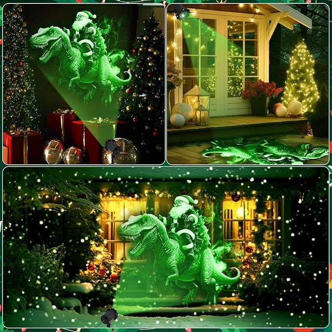 Treela Christmas Projector Lights Outdoor Indoor Dynamic Santa Riding a Dinosaur Decoration Outside LED Landscape Lamp for Holiday Halloween Garden Supplies