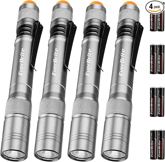 EverBrite Pen Light, 100LM Pocket Flashlights, Aluminum LED Pen Flashlights with Clip, 8 AAA Batteries Included, Pocket Flashlight for Camping, Emergency, Mechanic, Pack of 4, Gray
