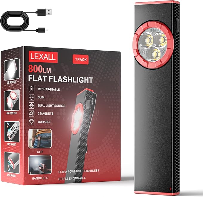 lexall EDC Flashlight, 800Lumen Rechargeable Pocket Flat Flashlight, Magnetic LED Flashlight with Clip, Dimmable Mini Area Light for Car Repairs/Inspection/Travel/Emergency/Camping