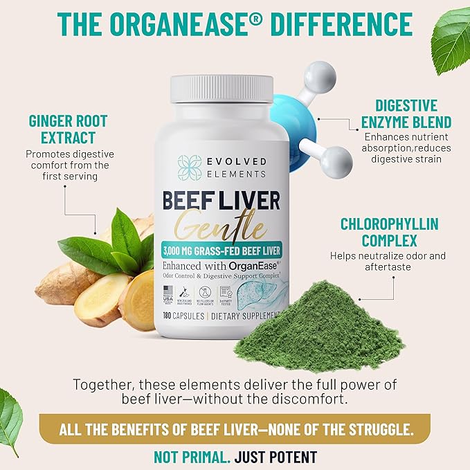 Beef Liver Gentle ??New Zealand Grass-Fed, Grass-Finished Desiccated Beef Liver Supplement with OrganEase® for Odor-Neutral, Smooth Digestion, Clean Taste ??3,000 mg, 180 Capsules