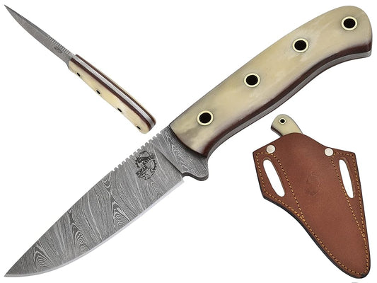 Knives Ranch Fixed Blade EDC Knife with Pancake Sheath ??Small Hunting Knife ??Damascus Skinning Knife ??Cowboy Knife with Leather Sheath - Cattle Bone Handle - Leather Sheath Snug Fit (3112-B)