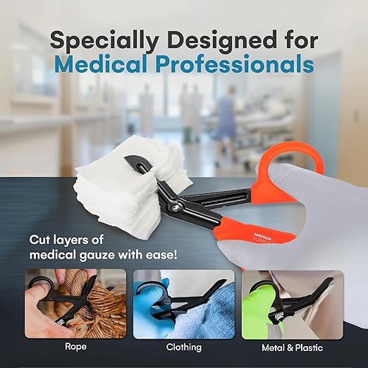 Madison Supply Medical Scissors - 7.5 Inch Stainless Steel Trauma Shears - Fluoride-Coated Non-Stick Scissors for EMT, Nurses, and First Aid Kits - 4 Pack, in 4 Colors, Black, Green, Orange, Red