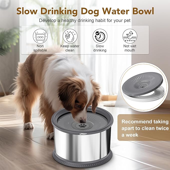 UPSKY Super Large Capacity No Spill Dog Bowl, 6.5L Stainless Steel Spill Proof Slow Water Feeder, Anti-Slip Mat for Messy Drinkers - Grey