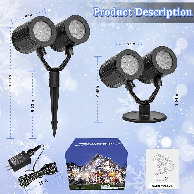 Christmas Snowflake Projector Lights Outdoor Waterproof 2025 Upgraded Double Head Dynamic Rotating Snowflake Projector for Halloween Xmas Holiday Party Gardens Wall Decoration