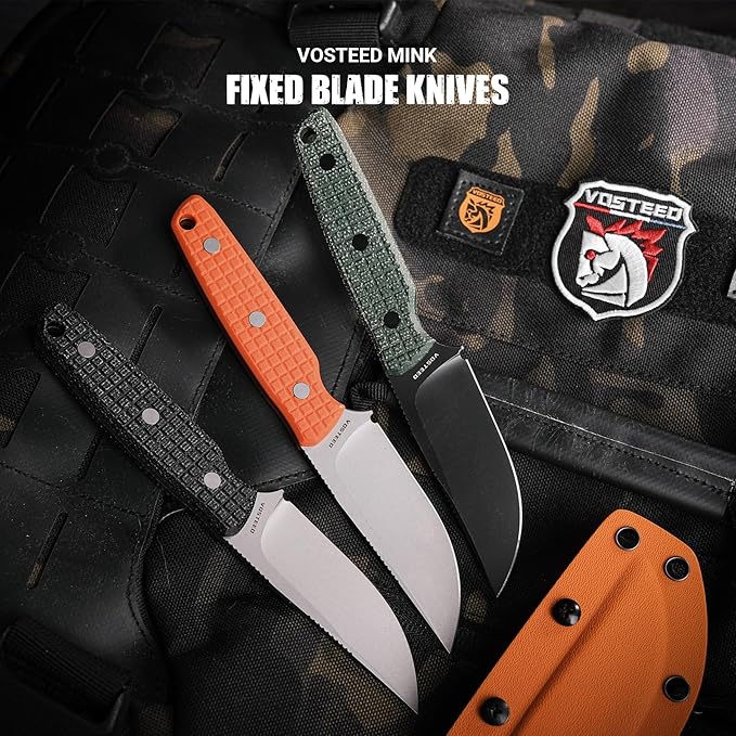Vosteed Mink EDC Fixed Blade Knife - 3.33?™â€?Nitro-V Dual Jimping Blade with Sheath, Full-Tang Orange Handle, Great for Outdoor Camping - D0105