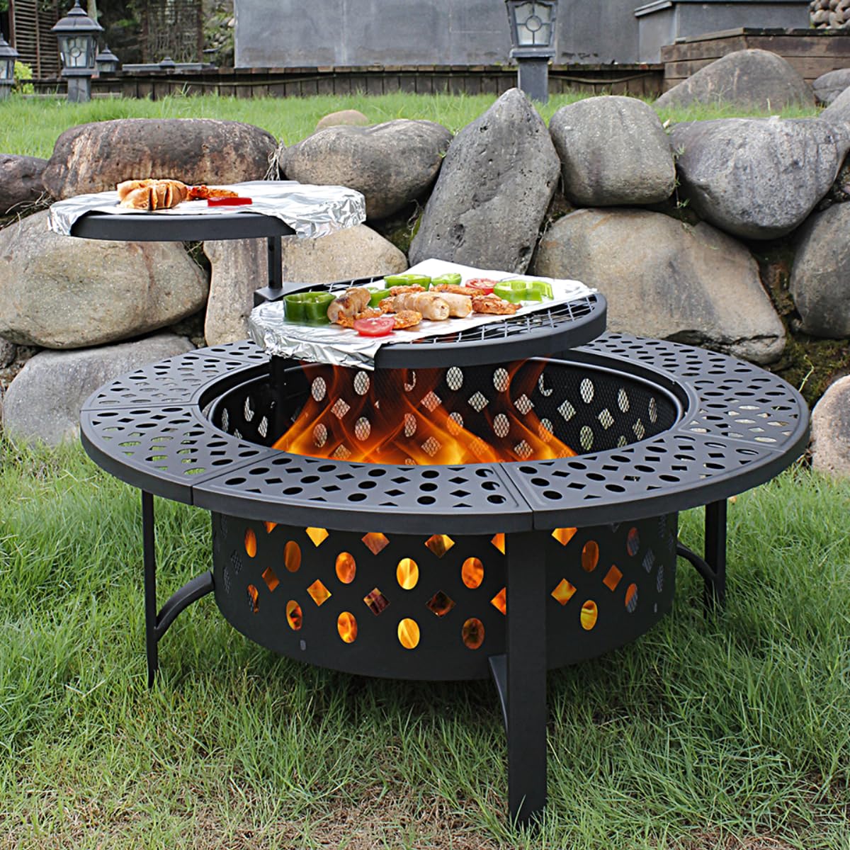 OutVue 36 Inch Fire Pit with 2 Grills,Wood Burning Fire Pits for Outside