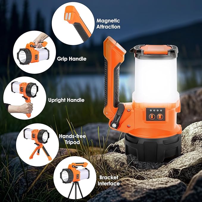 Tripod Rechargeable Camping Lantern, 6 Modes LED Flashlight Handheld Spotlight with 4000LM, 4400mAh Power Bank, IPX4 Waterproof Searchlight Work Light for Emergency Hiking Survival Kit - Orange