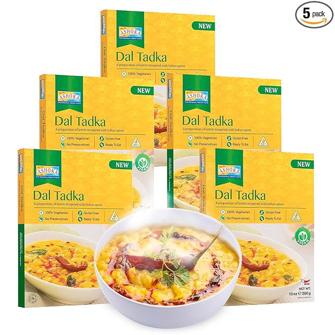 Ashoka Meals 1932, Plant-Based Lentils Curry, All-Natural Ready to Eat Meals, Authentic Dal Tadka, Portable Indian Food, Great for Lunch, Kosher Certified, Gluten-Free, No Preservatives, Pack of 5