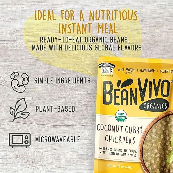 BeanVIVO (Pack of 3) Organics 14g Plant based Protein Coconut Curry Chickpeas - Good Source of Fiber - Nutritious & Microwave Meals - Gluten-Free Plant Food - 10 oz