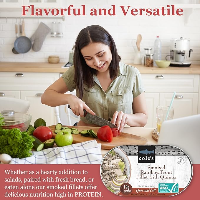 COLE’S - Smoked Rainbow Trout Fillet with Quinoa | Open & Ready to Eat Meal | 5.6 oz Canned & Hand-Packed | 19g Protein | High in Vitamin D | 1 unit