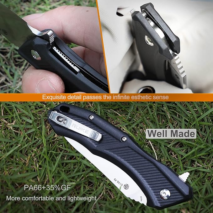 Ruike EDC Pocket Knife for Men,3.86 inch Big Blade,8Cr13 Stainless Steel,Liner Lock,Tactical Camping Folding Knives Belt Clip,Lightweight PA66 Handle,Small Flipper Microtech Elemental Survival Hiking Hunting Gadgets Gear Tool Womens Dad Father Gift