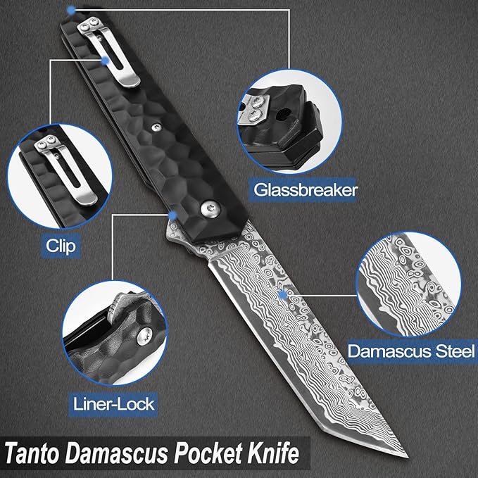 AUBEY Damascus Pocket Knife, Tanto VG10 Core Damascus Steel Folding Knives with Ball Bearing, Aluminum Alloy Non-Slip Handle and Glass Breaker, EDC Damascus Knife for Men Women (Black)