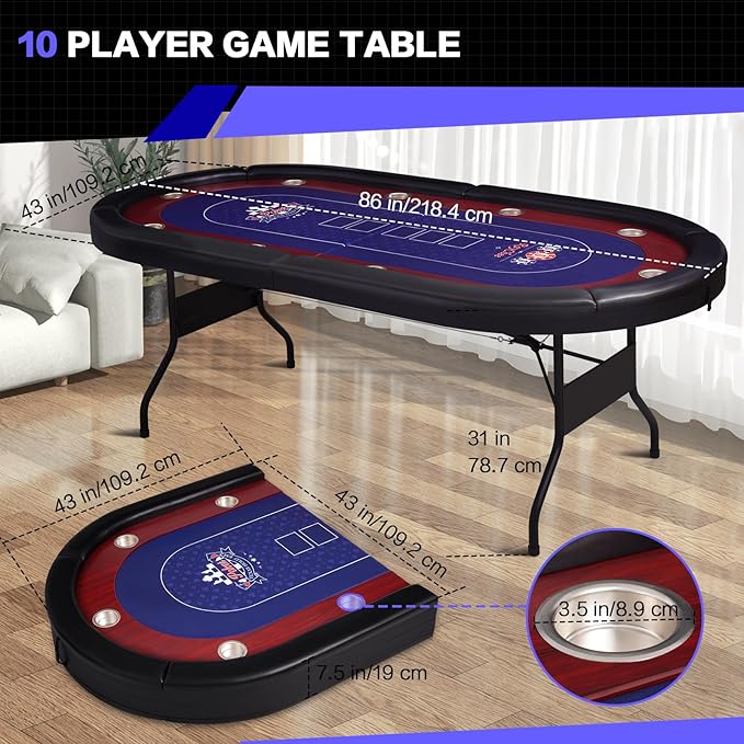 86" Foldable Poker Table, 10-Player Large Folding Texas Holdem Blackjack Table with Cup Holders, Padded Rails, Casino Game Table for Home Game Room, Family Nights, and Parties (Black)
