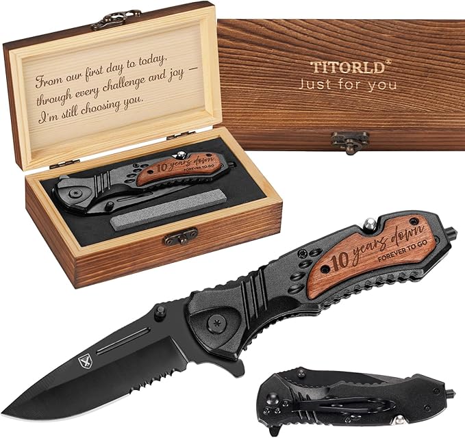 Titorld 10 Years Anniversary Keepsake Gifts for Him, 10th Tin Anniversary for Men Him Husband, Ten Year Marriage Wedding Date Engraved Pocket Knife with Gift Box, Personalized Mens knife