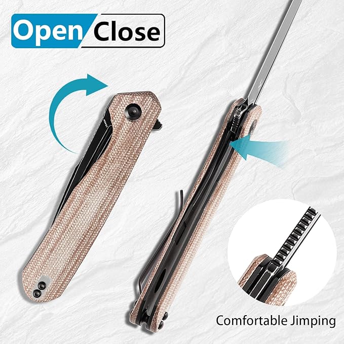 KANSEPT Qilin Pocket Knife, 3.24'' Blackwash 154CM Sharp Blade, Brown Micarta Handle for Edc, Flipper and Liner Lock with Double-Sided Clip, Men Camping Survival Folding Knives T1047A3