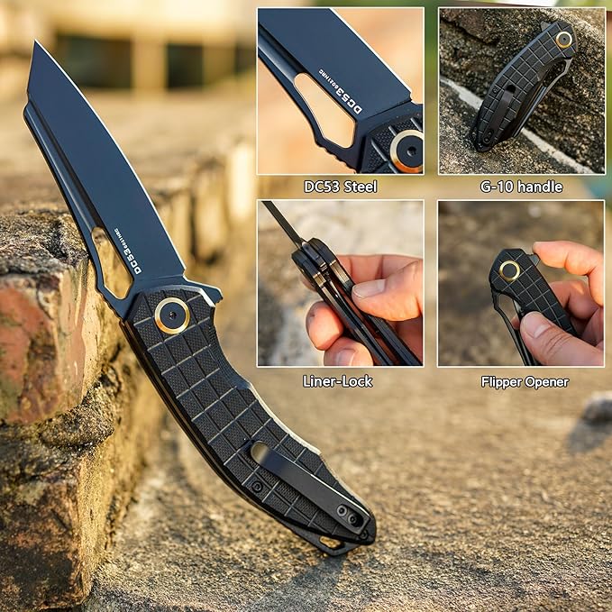 Folding Pocket Knife, 3.54" DC53 Steel Blade,4.65" G10 Handle, Liner Lock, Reversible Pocket Clip for Everyday Carry, Outdoor Activities. (Black PVD blade)