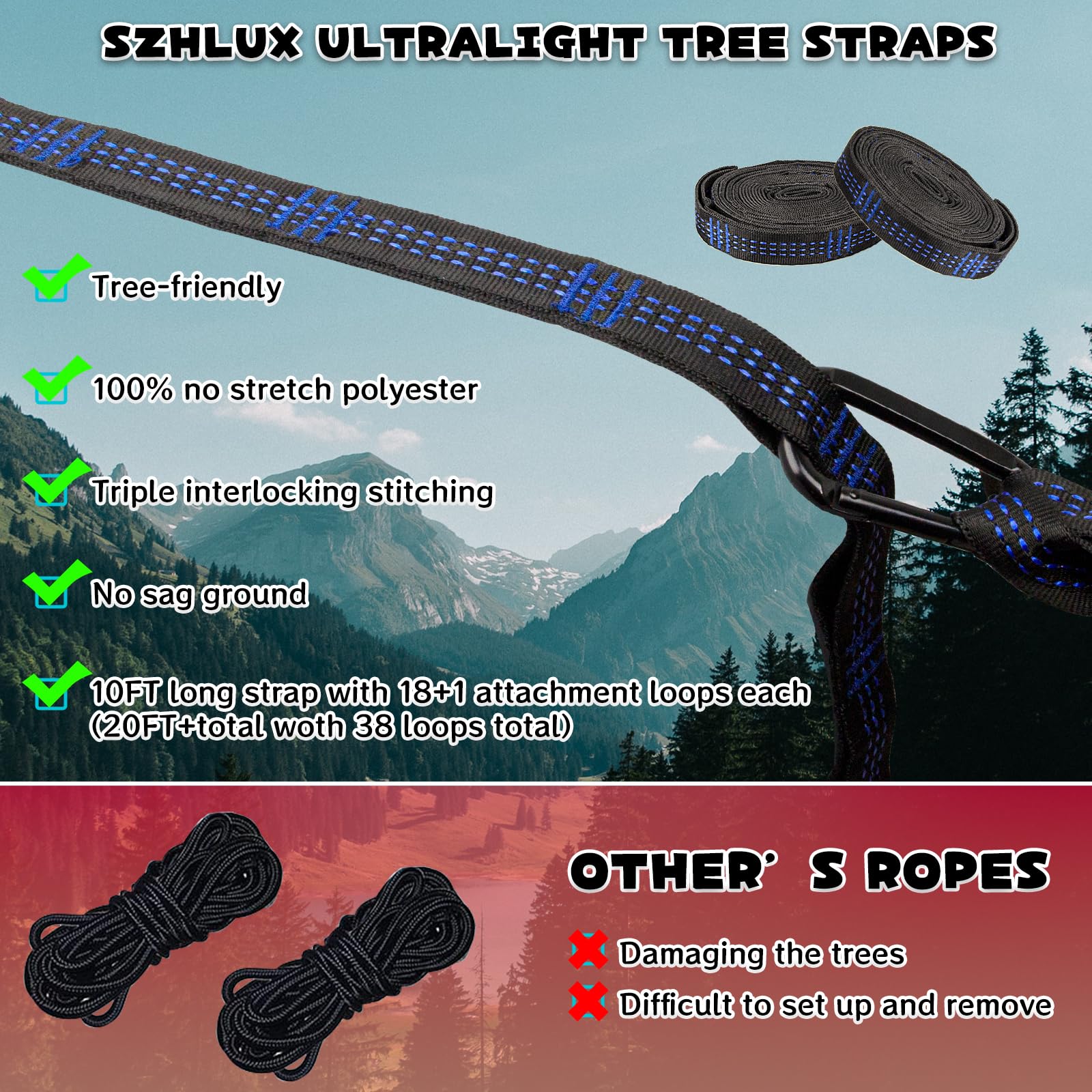 SZHLUX Hammock Straps for Trees - Set of Two 10ft Long, with 38 Loops & 2 Carabiners| Essential