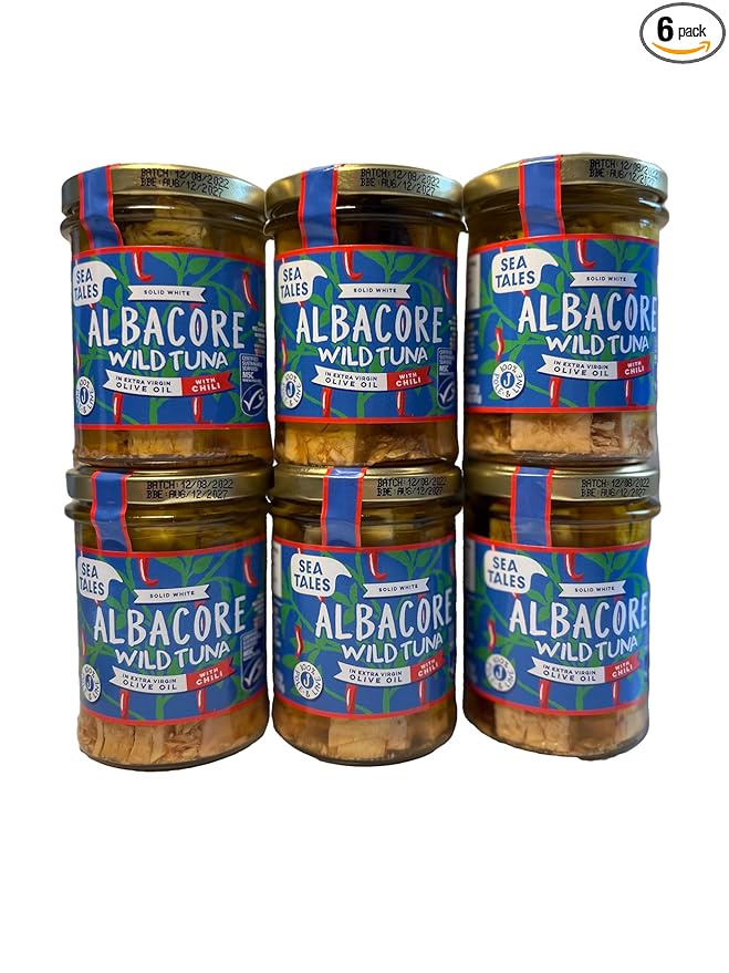 Sea Tales Albacore Fillets in Extra Virgin Olive Oil with Chili in Jar - 100% Pole & Line Wild Sustainably Caught - High Protein Food - Keto Friendly - 7 oz. Jars (Pack of 6)