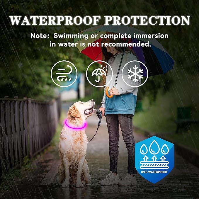 Led Light Up Dog Collar Rechargeable Waterproof, Glow in Dark Dog Collar, TPU Cuttable Lighted Dog Collars for Night Walking Charging USB, Safety for Small Medium Large Dogs Pink
