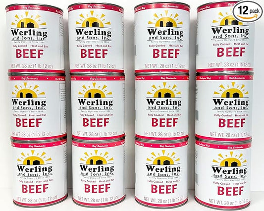 Werling Meats Canned Beef 28 Oz Fully Cooked, Heat & Eat | Shelf Stable Canned Meat for Pantry Staples, Everyday Meals, Camping, Hiking, Emergency & Survival | 5-Year Shelf Life | Made in USA | 12 Pack