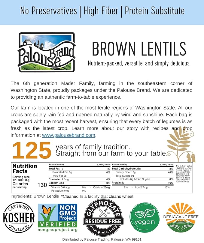 Palouse Brand Certified Glyphosate Residue Free Small Brown Lentils | 15 LBS | Family Farmed in Washington State | Non-GMO Project Verified | Kosher | Field Traced | (5 Pound, Pack of 3)