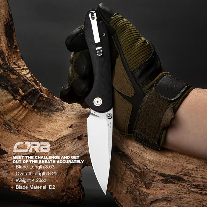 CJRB Folding Knife Feldspar Pocket Folding Knife Stonewash D2 Steel Blade G10 Tactical Handle EDC Knife Black Handle(J1912)