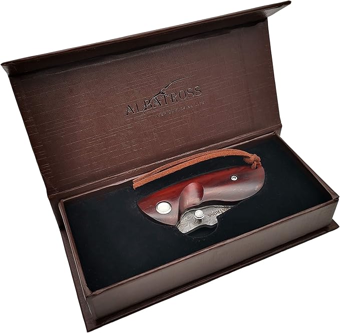 ALBATROSS Mini Pocket Knife - 4.75" Modern Damascus Steel Folding Knife with Red Sandalwood Handle - 71 Layer Hand Forged Blade - Liner Lock System - Luxury Gift Box - HGDK013