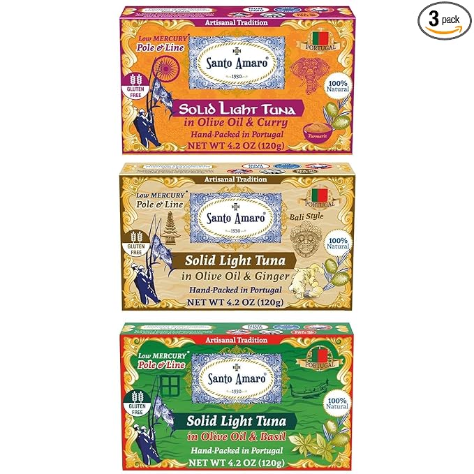 Navigator 3 Flavor Variety Pk Canned Wild Pole & Line Tuna Fillets in Olive Oil (3 Pk, 120g Ea) Turmeric Curry, Basil, Ginger - Hand-Packed Fresh in PORTUGAL - Keto - Paleo - Solid Fillets