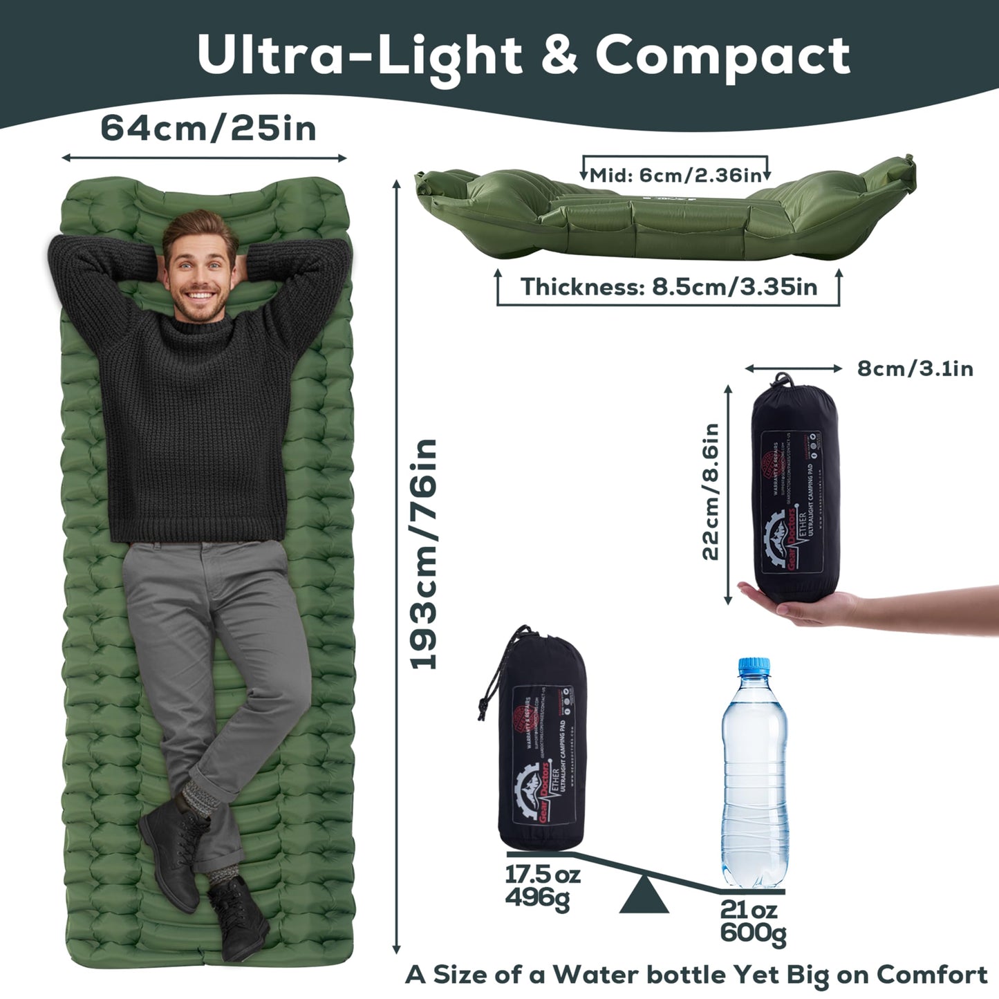 Gear Doctors® Ether 17.5oz Ultralight Camping Sleeping Pad – Backpacking Air Mattress – Camping