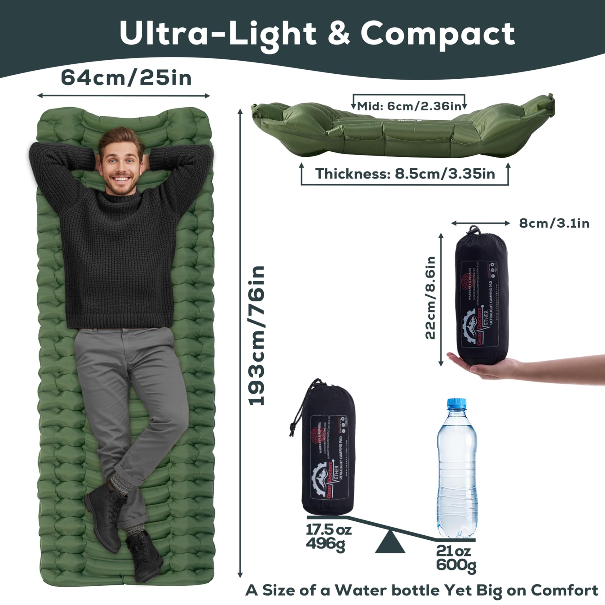 Gear Doctors® Ether 17.5oz Ultralight Camping Sleeping Pad – Backpacking Air Mattress – Camping