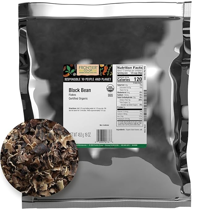 Frontier Co-op Organic Black Beans Flakes 1lb - For Black Bean Burger Patties, Dry Bean Soup Mix, Black Bean Dip and More