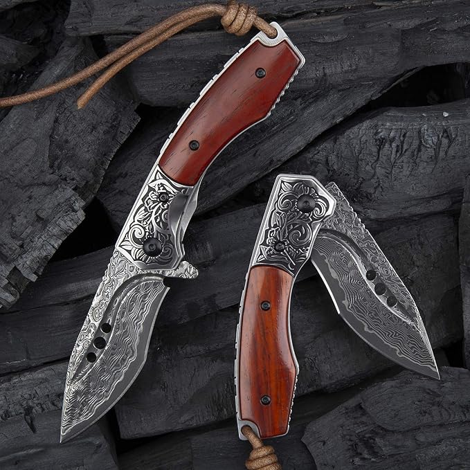 hand made damascus steel pocket knife, 3.1 inch outdoor folding knife, camping rosewood handle with leather case and inner lining