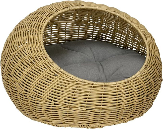 PawHut Rattan Cat Bed, Wicker Cat House Basket with Washable Cushion for Small Indoor Cats and Dogs, Light Brown