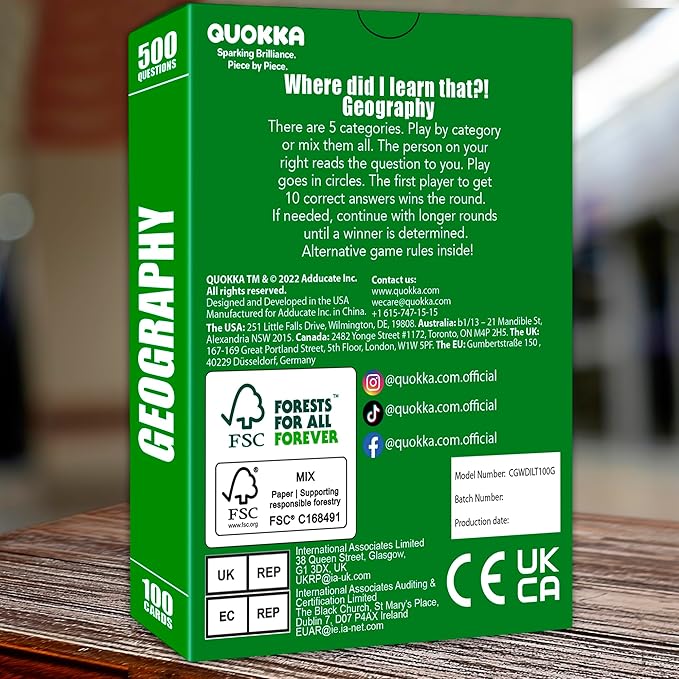 QUOKKA Trivia Card Game with 500 Questions in Geography ??Trivia Games for Adults, Teens, and Families ??Trivia Cards with Answers ??Great Board Games Trivia for Family Party and Game Night