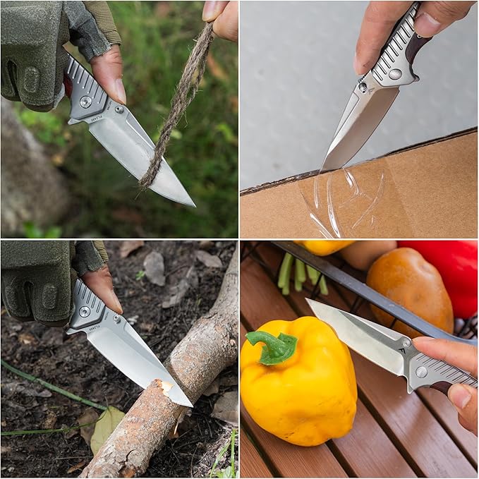 FLISSA Pocket Knife with 3.35" 14C28N Steel Blade, Liner Lock Folding Knife with Wood Handle for EDC, Camping, Hiking, Outdoor Activities, Gift for Men and Women