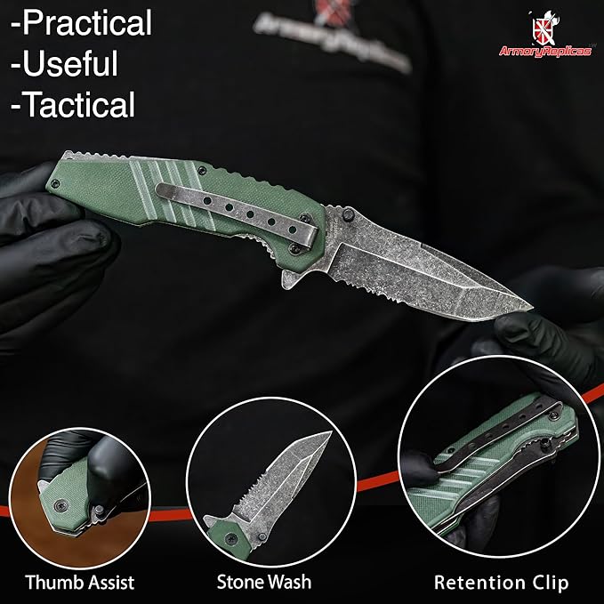 Armory Replicas??Spring Assisted Tanto Folding Knife ??3CR13 Steel Blade with Partial Serration, G10 Handle, Stonewash Finish, Liner Lock & Pocket Clip