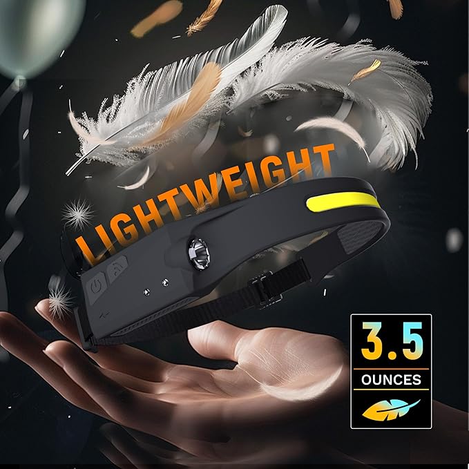 EGUKU Headlamp Rechargeable, Rechargeable LED Headlamps 1200Lumens 2 COB 230°Wide Beam Headlight with Motion Sensor Bright 5 Modes Lightweight Waterproof Head Lamp for Outdoor Running, Camping Hiking