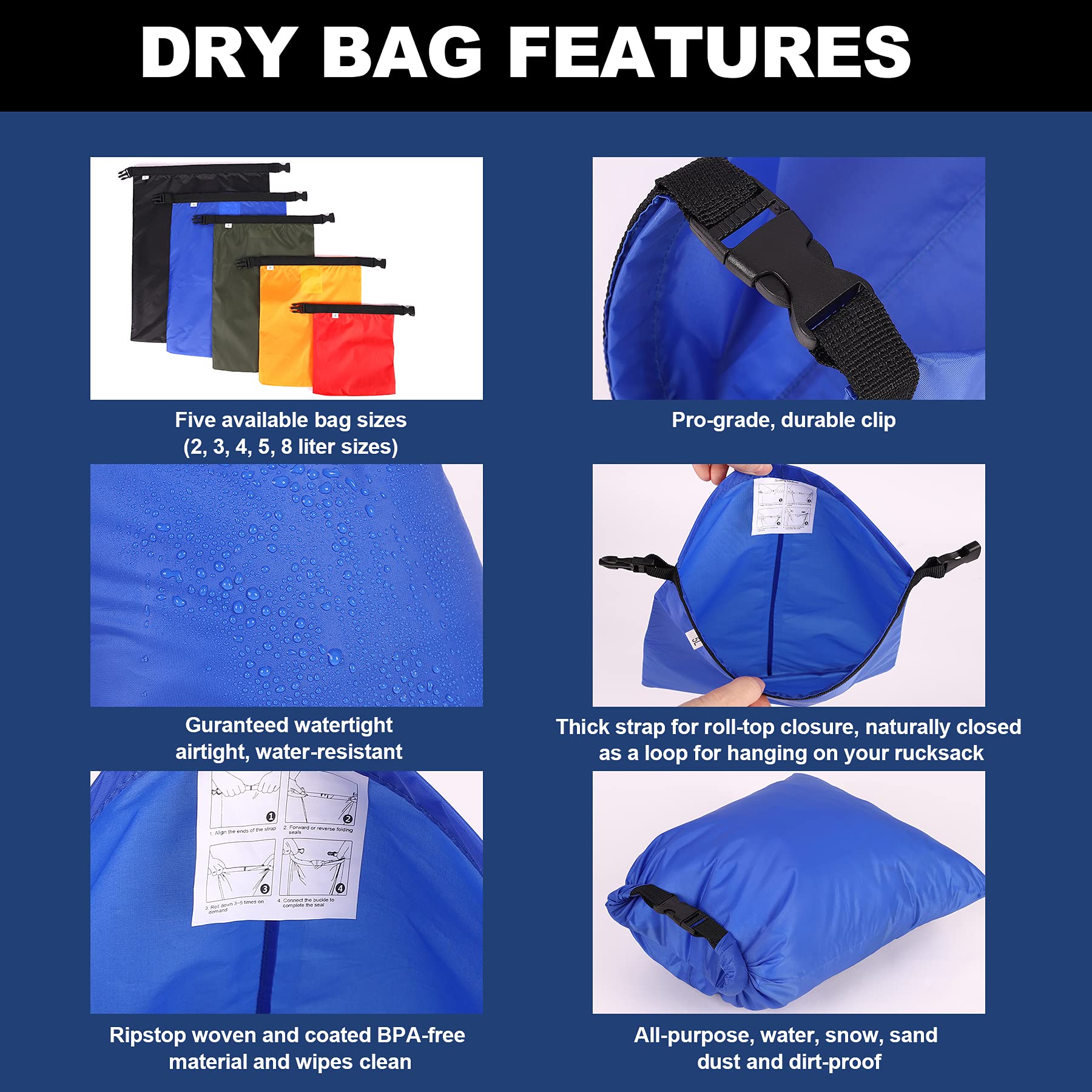 Ucolofun Dry Bags Waterproof Set, 5 Packs Ultralight Waterproof Bags Small Stuff Sack Water Proof