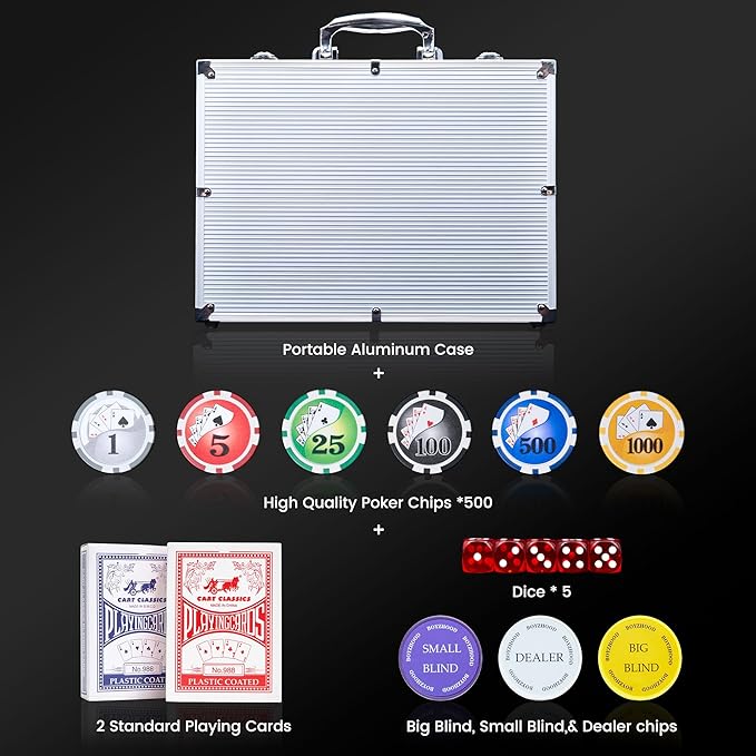 Poker Chips with Numbers,500PCS Poker Chip Set with Aluminum Travel Case,11.5 Gram Poker Set for Texas Holdem and Blackjack Gambling.