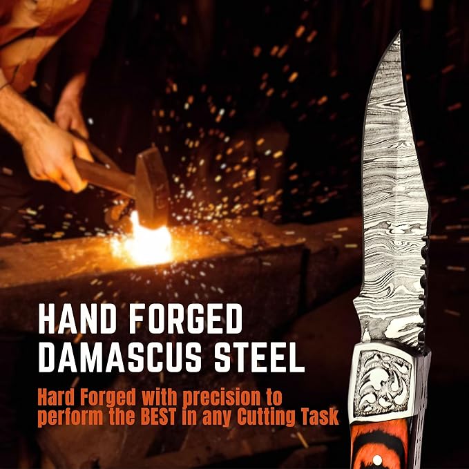 Handmade Damascus Pocket Knife for Men - 7.2 Inches Engraved Steel Damascus Folding Pocket Knife with Belt Holster - Pocket Knives & Folding Knives with Sheath & Back Lock - EDC Knife Pocket.(Orange)