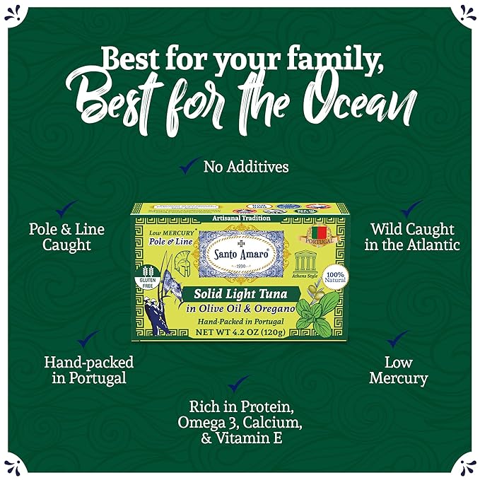 Santo Amaro - Artisanal Wild Tuna Fillets in Olive Oil & Oregano, Pole & Line Caught Tuna from Portugal, Hand-Packed Athens-Style Canned Tuna Fish, 22g Protein, Paleo, Keto, Low Mercury, Pack of 3
