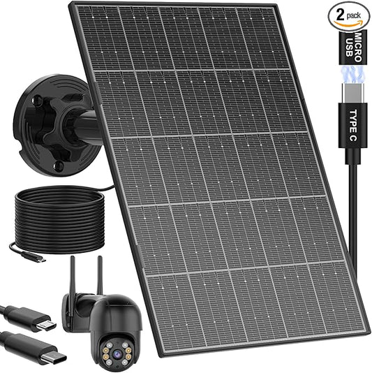 (2 Packs) 8W Solar Panel for Security Camera, Micro USB & USB-C Port Security Camera Solar Panel, IP65 Waterproof & High Conversion Rates Solar Panels for Cameras with Rechargeable Battery