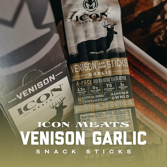 ICON Meats Venison and Pork Snack Sticks - Garlic Flavor - 6 Packs Per Box, 4 Sticks Per Pack, All Natural Jerky Meat Sticks, USDA Approved, Diet Friendly, High Protein, Low Calorie, Sugar Free