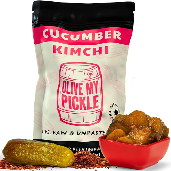 Olive My Pickle Organic Kimchi Fermented - 16 oz | 1-Pack of Probiotic Cucumber Kimchi Vegan | Fresh Korean Kimchi with Natural Probiotics for Gut Health - Perfect for Ramen & Spicy Kimchi Noodles